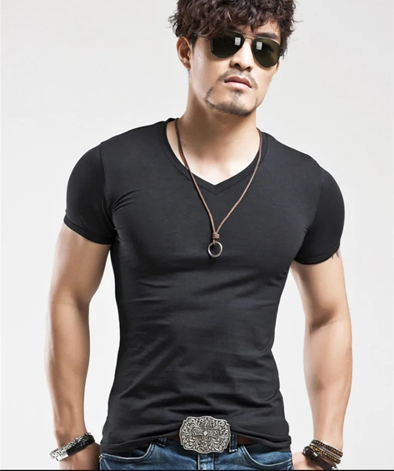 Pure Color V Collar T Shirt